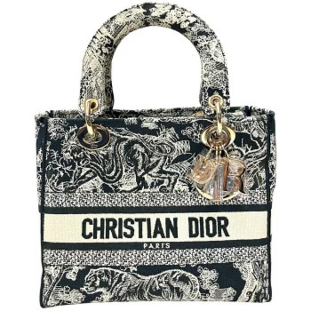 Christian Dior Lady Lite Toile de Jouy Embroidery Handbag Navy Blue Off White